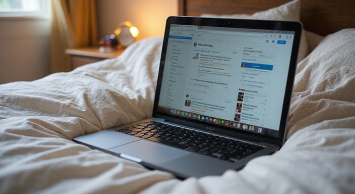 Een laptop op een bed toont datingwebsites en klantenservice.