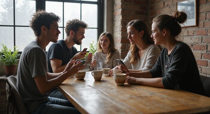 Vijf jongvolwassenen genieten van koffie en elkaars gezelschap in een café.