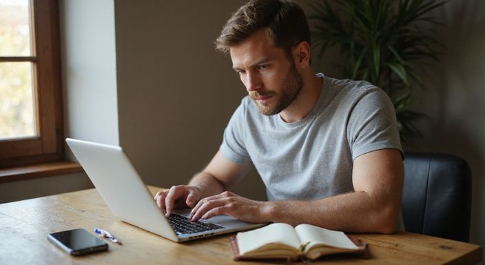Een geconcentreerde man werkt aan zijn datingprofiel voor ondeugend daten op een laptop.