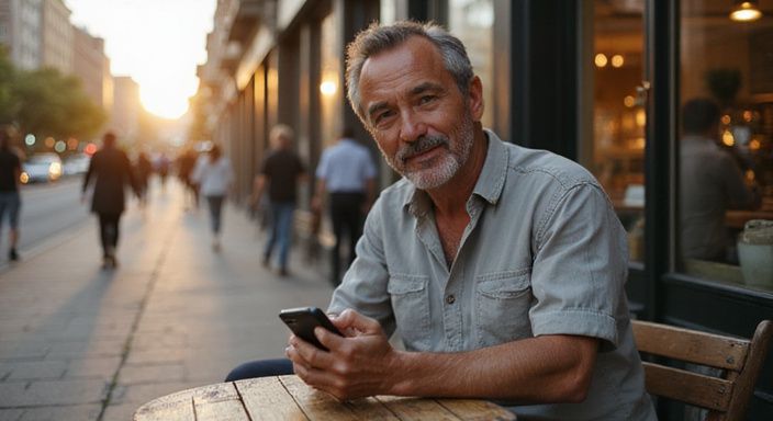 Een man geniet van een bericht op zijn smartphone in een café.