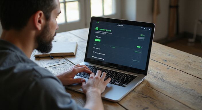 Een persoon werkt geconcentreerd op een laptop met beveiligingsinstellingen.