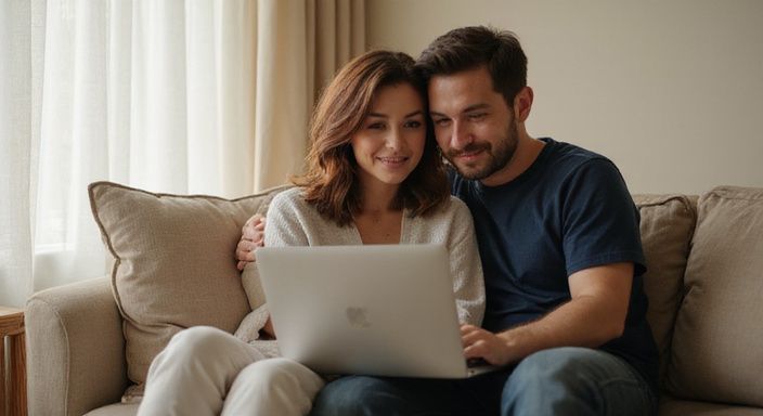 Een man en vrouw zitten samen ontspannen op een bank.
