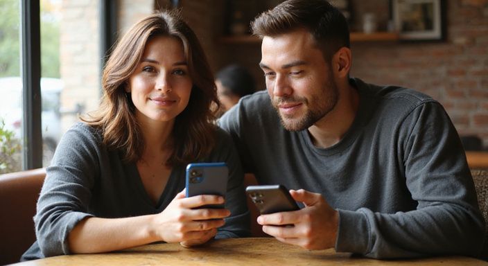 Een vrouw en man delen een speelse en intieme moment in een café.