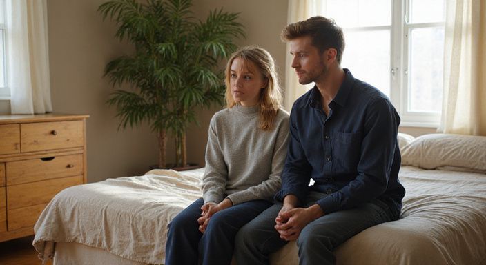 Een intiem gesprek over swingers partnerruil sexcontacten tussen een man en vrouw in slaapkamer.