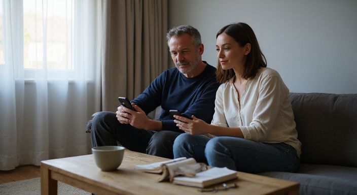 Een middel ouder stel zit ontspannen op een moderne bank en zoekt swingers partnerruil sexcontacten.