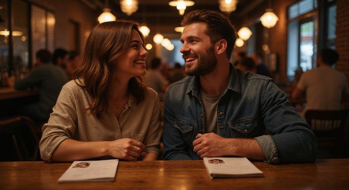 Een vrouw en man lachen samen in een gezellige club.