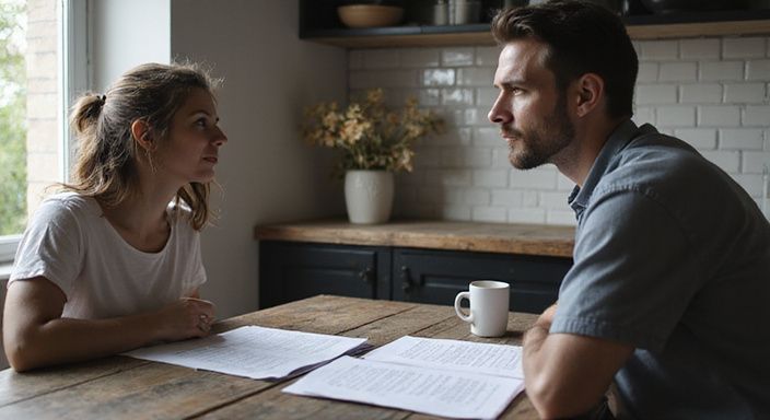 Twee mensen bespreken oprechte grenzen en wensen aan tafel.