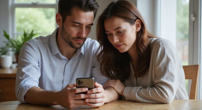 Een man en vrouw bekijken samen een smartphone aan een houten tafel.