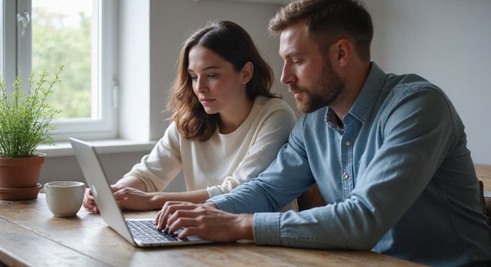 Een stel werkt samen aan een laptop aan een houten tafel.