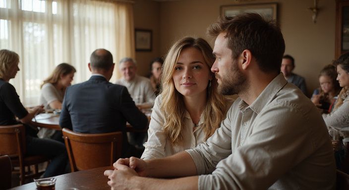 Een vrouw en man in gesprek over swingers partnerruil sexcontacten tijdens een informele sociale bijeenkomst.