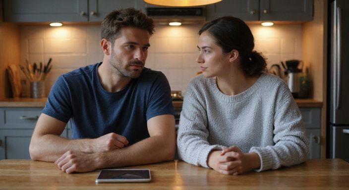 Een man en vrouw bespreken swingers partnerruil sexcontacten aan de keukentafel.