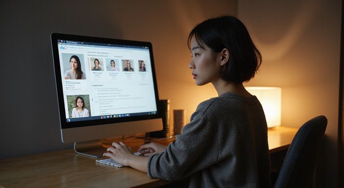 Een jonge vrouw zit geconcentreerd achter haar computer aan een bureau.