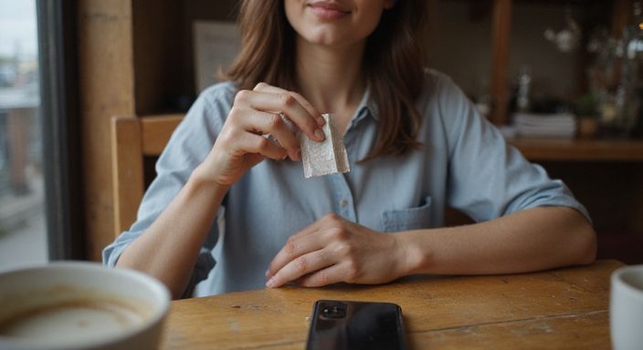 Vrouw in café, voorbereidend met condoom en smartphone.