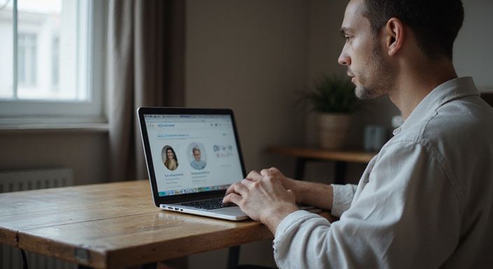 Een jonge persoon scrollt op een laptop in een slaapkamer en zoekt transgender sexcontact.