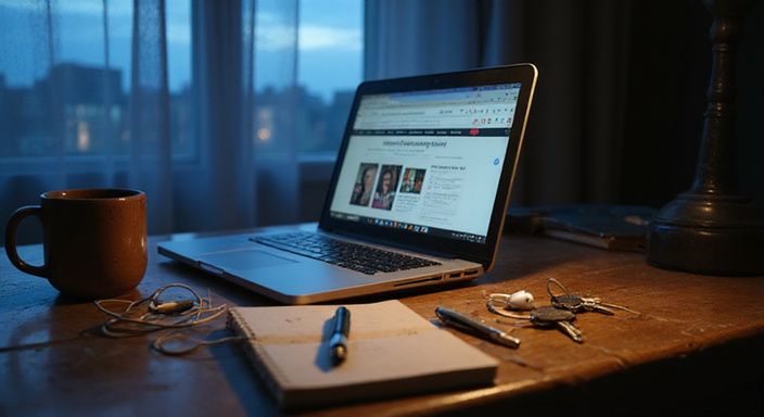 Een home office met een laptop voor een datingsite voor transgender sexcontact en persoonlijke spullen.