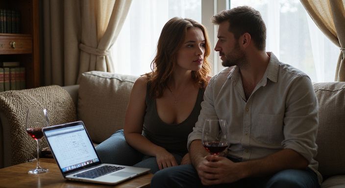 Een stel bekijkt samen een kalender van swingersclubs op hun laptop.