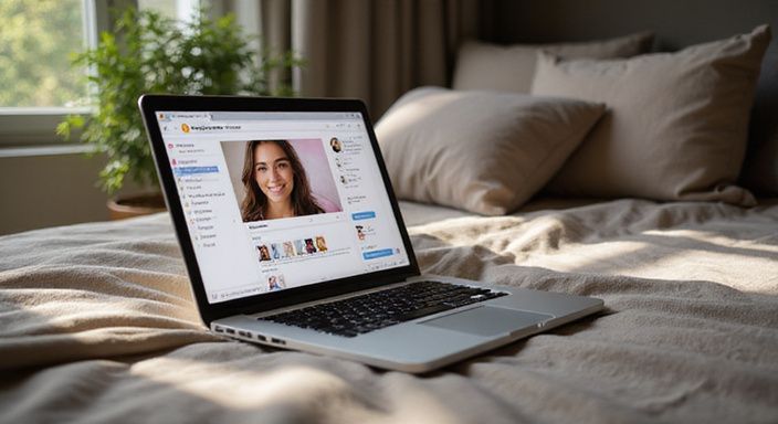 Een moderne laptop op een opgemaakt bed met aardetinten en een datingplatform voor transgender sexcontact.