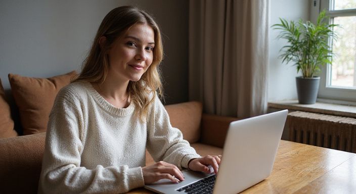 Een lachende transgender vrouw aan een laptop met een datingwebsite voor transgender sexcontact.