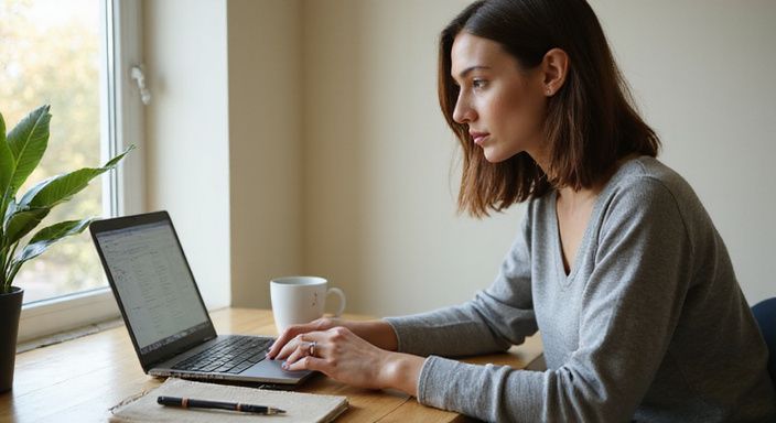 Een vrouw werkt geconcentreerd aan haar laptop in een huiselijke kantooromgeving.