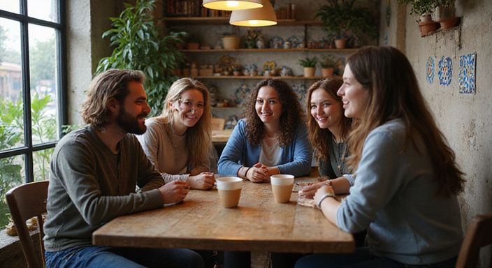 Een diverse groep transgender individuen geniet van elkaar in een café.