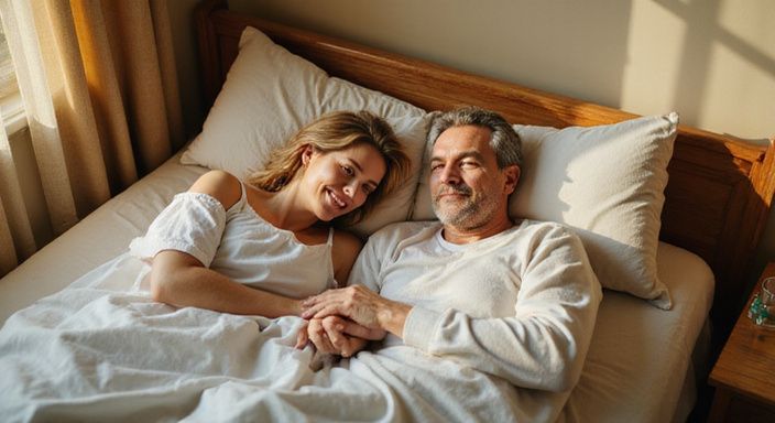 Een intiem moment tussen een ontspannen paar in bed.