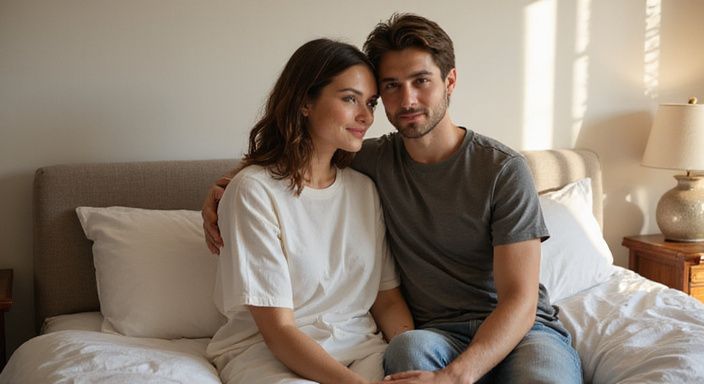 Een stel zit knus op een bed met oprechte glimlachen.