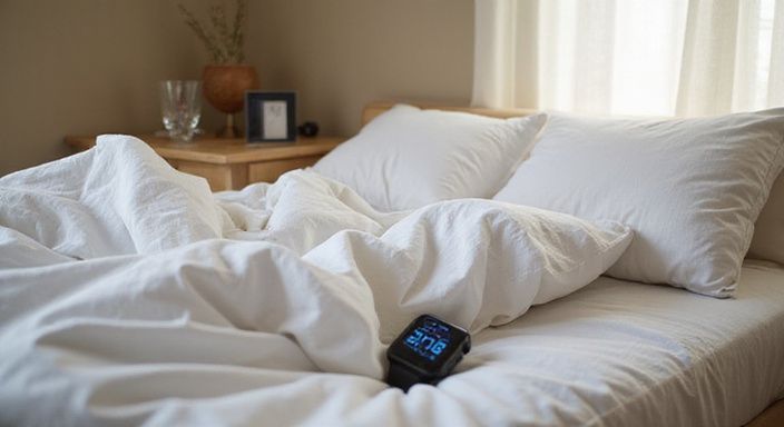 Een unmade bed met wellnessapparaten en een minimalistische slaapkamer.