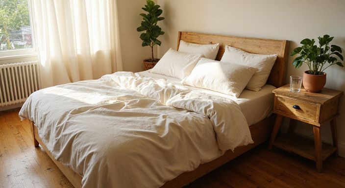 Een serene slaapkamer met een onopgemaakt bed en groene planten.