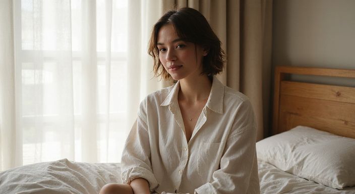Een ontspannen vrouw in een oversized shirt, zittend op bed.