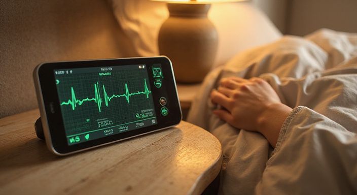 Een digitale gezondheidsmonitor op een houten nachtkastje met ECG-gegevens.