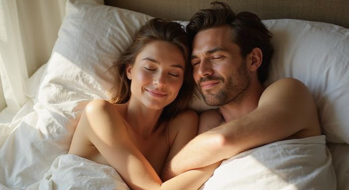 waarom is seks gezond? Een vrouw en man liggen ontspannen samen op een bed.