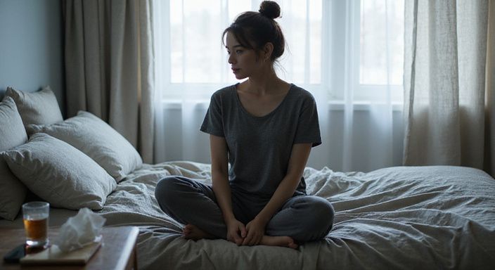 Een jonge vrouw zit contemplatief op de rand van een bed.