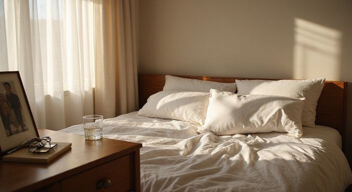 Een serene slaapkamer met een onopgemaakt bed en persoonlijke accenten.