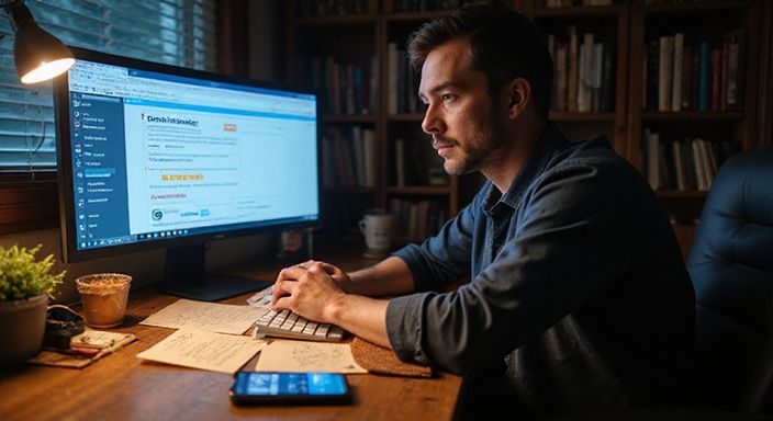 Een man van middelbare leeftijd werkt geconcentreerd aan zijn bureau. Een man van middelbare leeftijd werkt geconcentreerd aan zijn bureau.