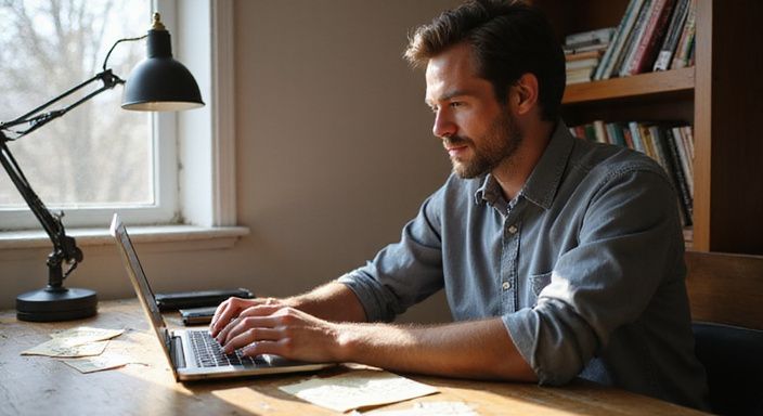 Een man werkt geconcentreerd aan zijn laptop in een bescheiden thuiskantoor. Een man zoekt op zijn laptop naar XXX dating Nederland.