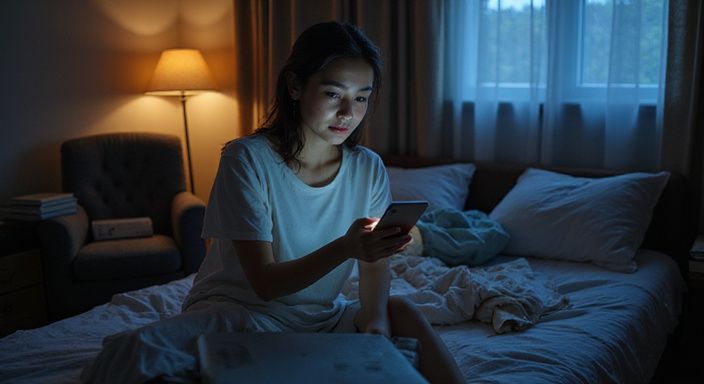 Een vrouw scrollt geconcentreerd door een datingapp op haar smartphone. Een vrouw scrollt geconcentreerd door een datingapp voor XXX dating Nederland op haar smartphone.