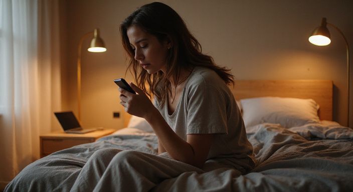 Een vrouw in loungewear, verdiept in haar smartphone op bed. Een vrouw in loungewear, verdiept in haar smartphone op bed.