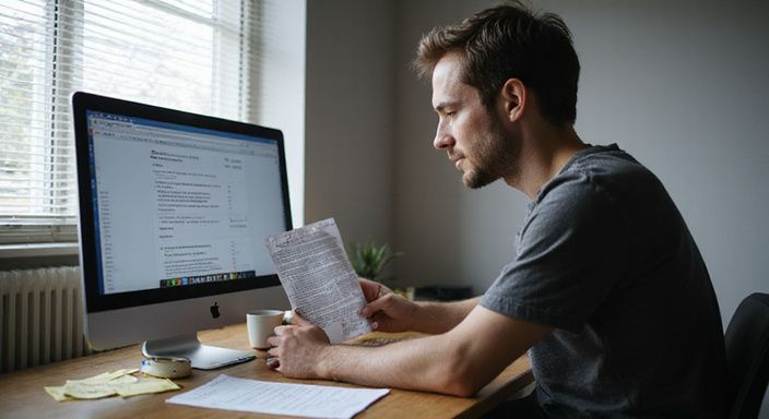 Een persoon bestudeert gefocust documenten in een eenvoudig thuiskantoor. Een persoon bestudeert gefocust documenten in een eenvoudig thuiskantoor.