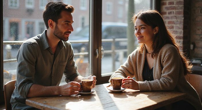 Een stel in een café met smartphones en koffie. Een stel in een café met smartphones en koffie.