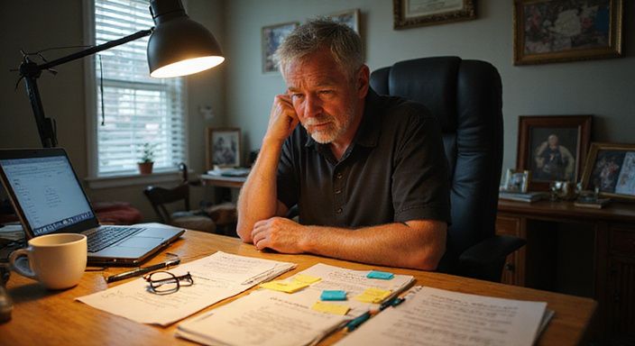 Een geconcentreerd persoon zit in een rommelige thuiswerkplek met documenten. Een geconcentreerd persoon zit in een rommelige thuiswerkplek met documenten.