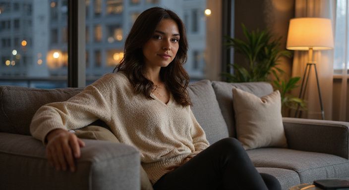Een vrouw in een comfortabele sweater zit ontspannen op de bank en wil erotisch contact in Zoetermeer.