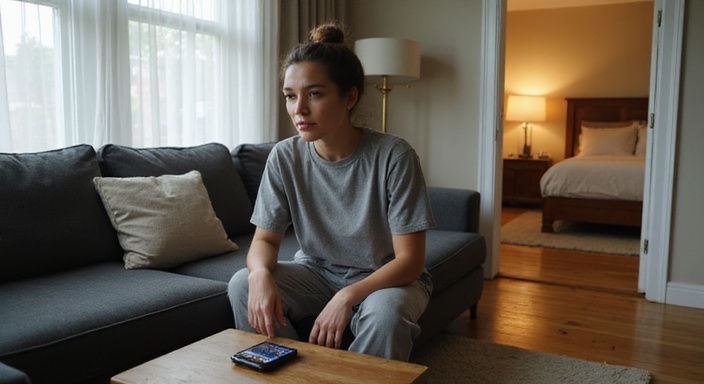 Een vrouw in een ontspannen houding op een moderne bank.