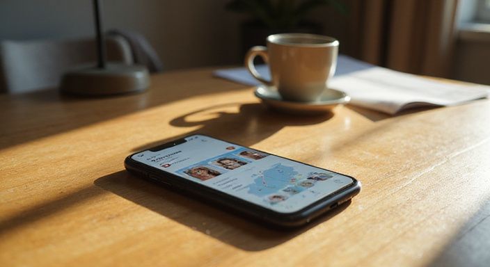 Een smartphone toont een datingapp voor erotisch contact in Zoetermeer op een lichte houten bureau.