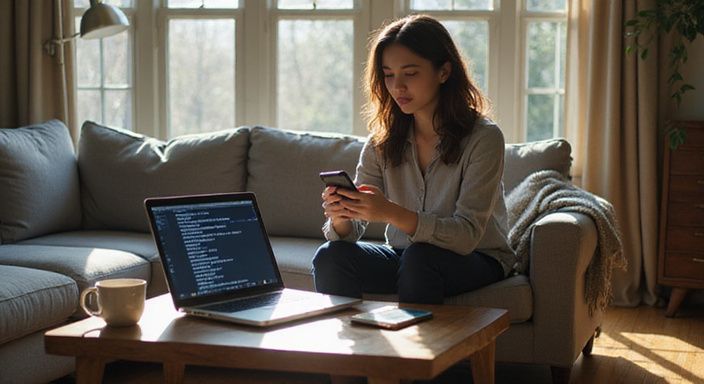 Een vrouw studeert geconcentreerd met haar smartphone op een bank.