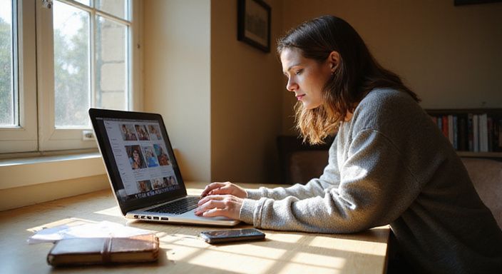 Een vrouw kijkt naar een datingapp voor erotisch contact in Zoetermeer op haar laptop.