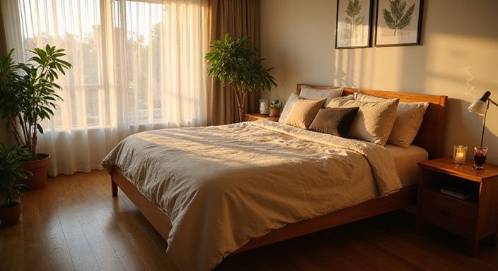 Een sfeervolle slaapkamer met een zorgvuldig opgemaakt bed en decoraties.