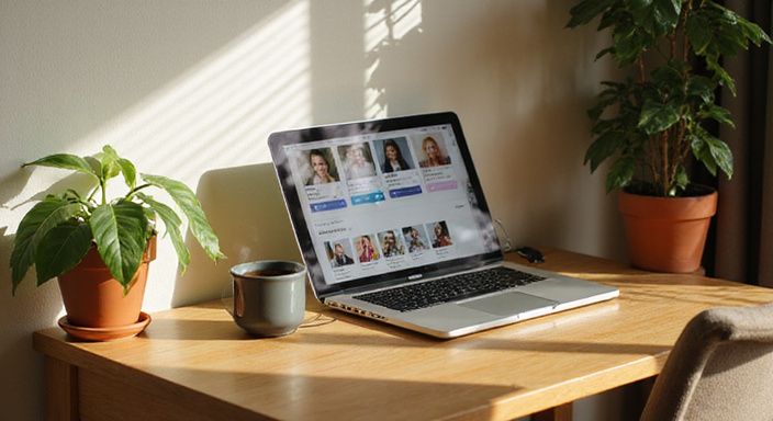 Een MacBook Pro met een dating-app op een lichte houten bureau.