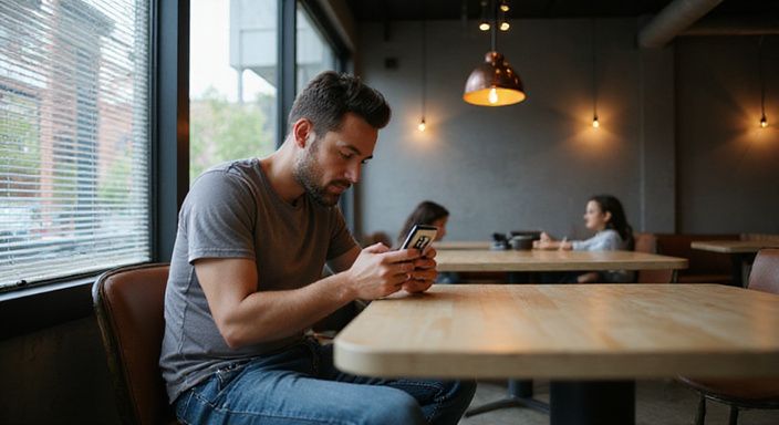 Een volwassene in een café, verdiept in hun smartphone. Een volwassene in een café, verdiept in hun smartphone.