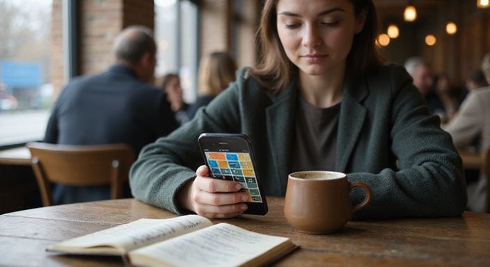 Een vrouw in haar twenties focust op haar smartphone en notities. Een vrouw in haar twenties focust op haar smartphone en notities.