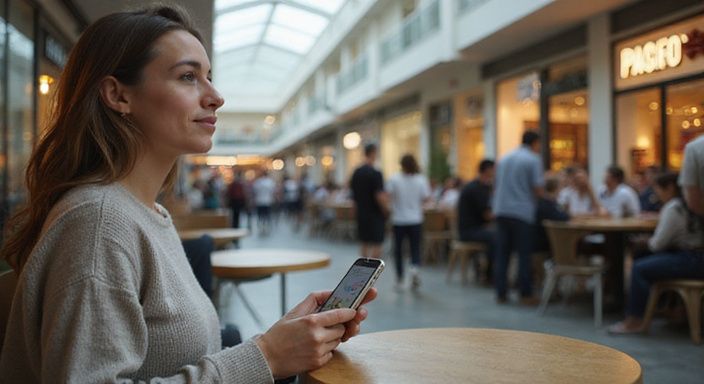 Een vrouw zit alleen in een druk café met haar smartphone. Een vrouw zit alleen in een druk café met haar smartphone.